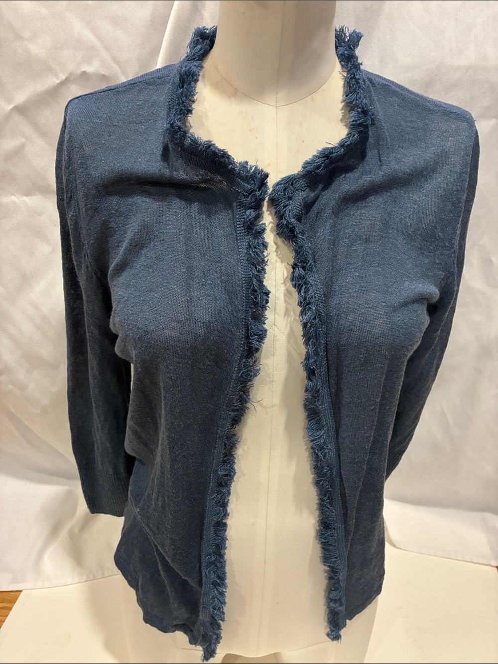 NIC+ZOE Cardigan Frayed-Trim Open Front Cardigan - Blue Linen/ Viscose Blend MED